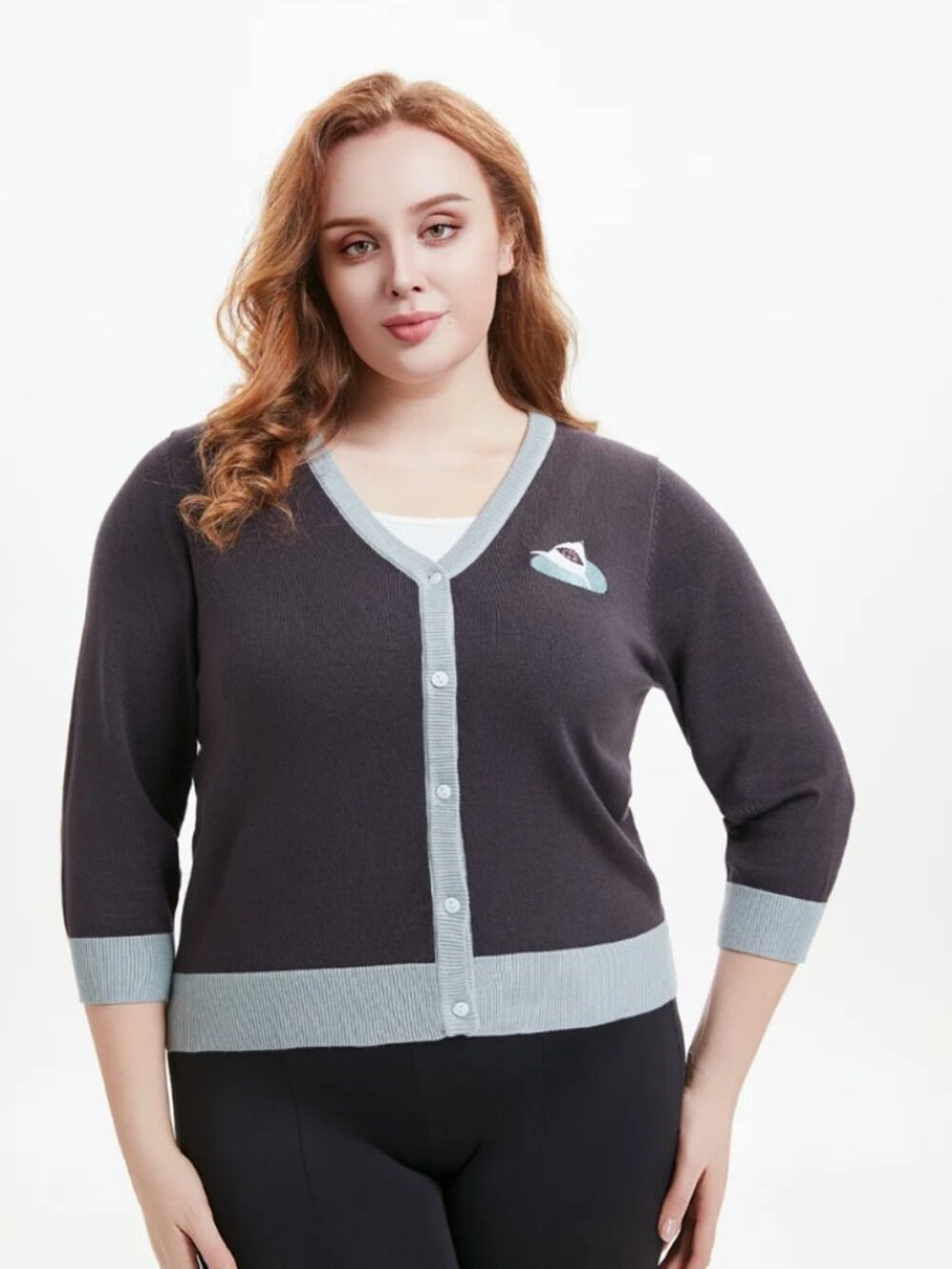 Miss Lulo Gray Cardigan Sweater with Embroidered Nautical Details, Women's 1x/2x